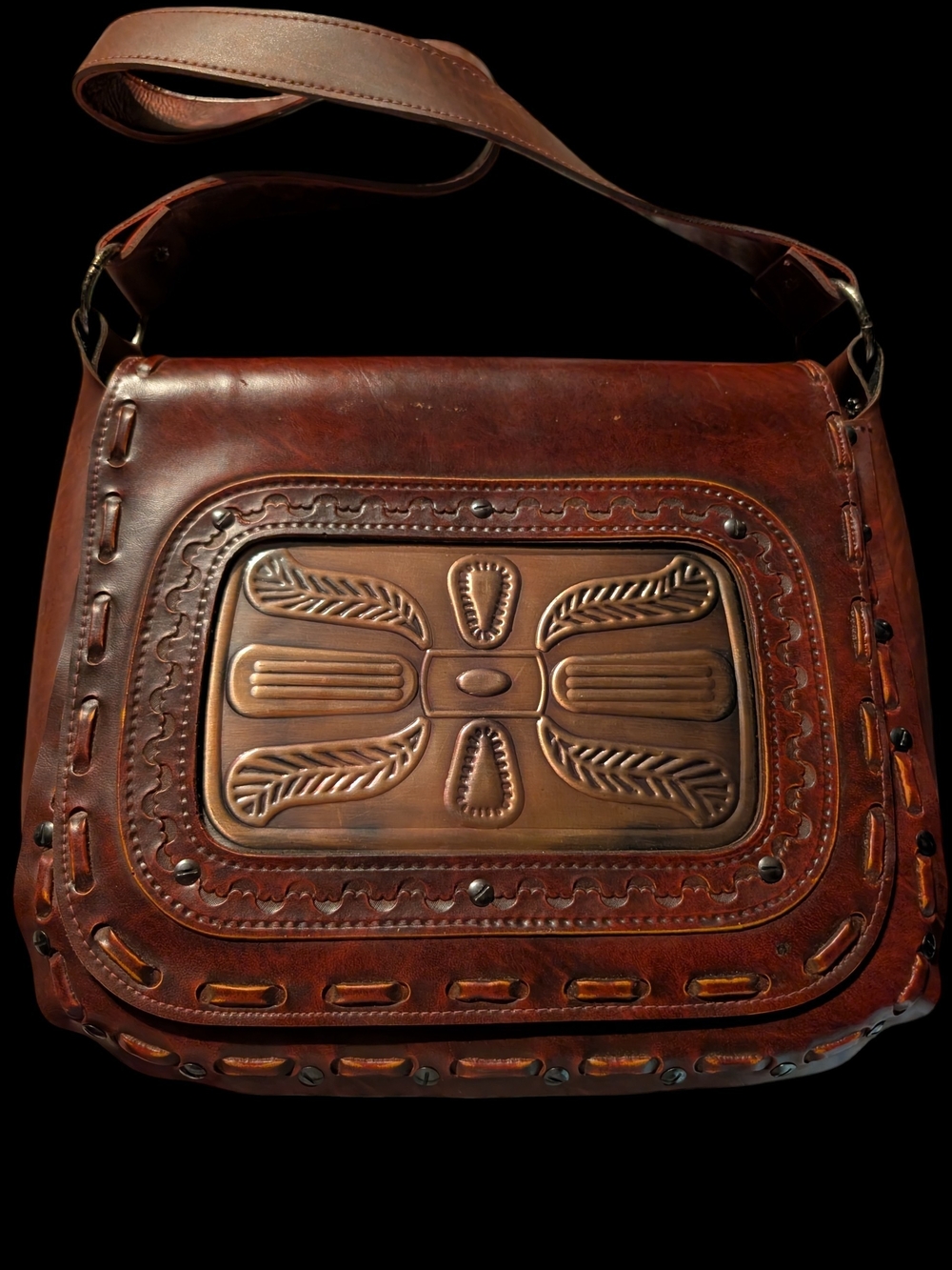 Vintage Tooled Leather Shoulder Bag with Decorative Copper Panel Jaclyn Inc